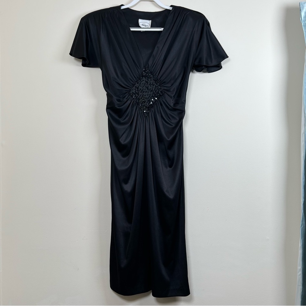 Vintage Black Silky Sequin Dress‎ Union Made Pantagis Button Back Women's 14
